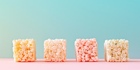 Stacked Rice Cereal Treats on Pastel blue background with copy space. Rice cereal marshmallow squares snack.
