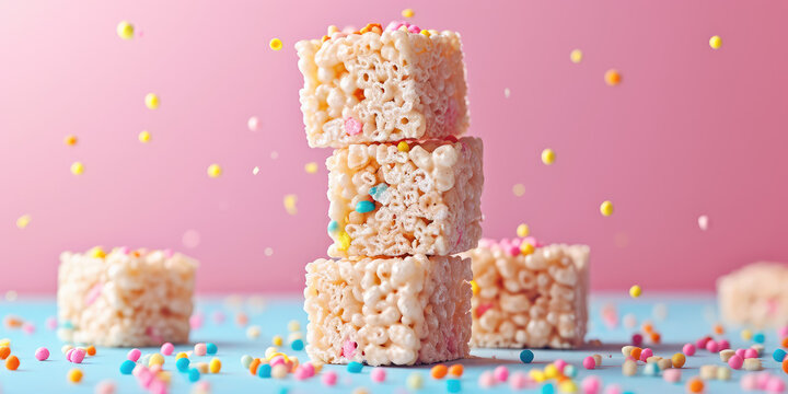 Stacked Rice Cereal Treats on Pastel background with copy space. Rice cereal marshmallow squares snack.