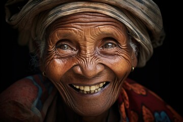 Smiling elderly African woman in a national headdress , portrait of a face