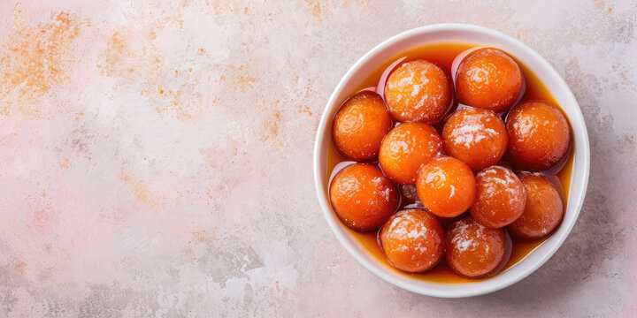 Top view Succulent Gulab Jamun Dessert. Juicy Gulab Jamun in syrup, sprinkled with sugar, on a pastel backdrop with copy space.