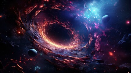 Abstract Dreamy Background Wallpaper Template of a Black Hole amid Nebula Sparkling Stars Stardust Outer Space Galaxy Universe Astro Cosmos Milky Way Panorama Night Sky Fantasy Colorful Tone 16:9 