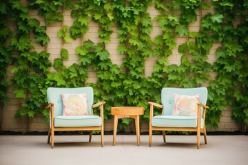 garden chairs in front of ivycovered wall