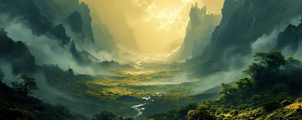 Foto op Canvas huge mountain wall going in the clougs, small yellow river © TIYASHA
