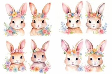 Fototapeta premium watercolor cartoon style illustration of cute bunny rabbit walking in flower garden, collection set, Generative Ai 