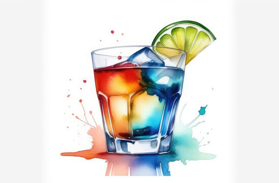 summer cocktail, colorful watercolor illustration. alcohol drink in glass with ice and lime slice