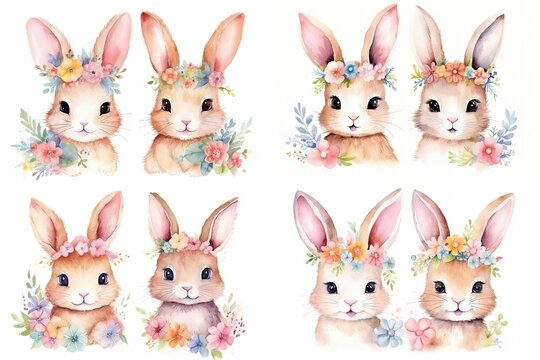 watercolor cartoon style illustration of cute bunny rabbit walking in flower garden, collection set, Generative Ai	
