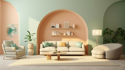 modern living room for interior, green wallpaper, in the style of light pink and light beige, photorealistic rendering, arched doorways, minimalist still life, light brown and light aquamarine, organi