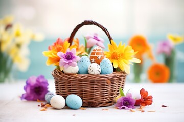 basket with vegan chocolate eggs and spring flowers