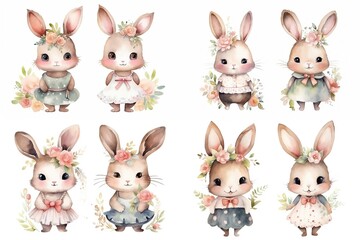 Obraz na płótnie Canvas watercolor cartoon style illustration of cute bunny rabbit walking in flower garden, collection set, Generative Ai 