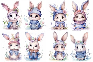Obraz premium watercolor cartoon style illustration of cute bunny rabbit walking in flower garden, collection set, Generative Ai 