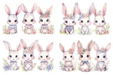 Obraz na płótnie Canvas watercolor cartoon style illustration of cute bunny rabbit walking in flower garden, collection set, Generative Ai 