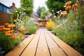 wooden plank pathway through a garden