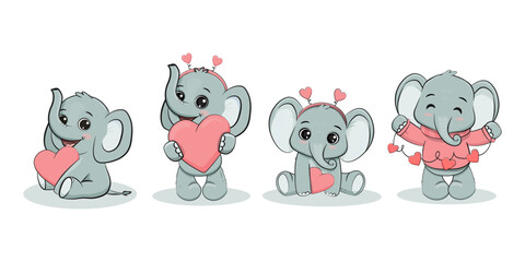 set of cute cartoon elephant with a pink heart on white background. Funny elephant cub.Valentine's day card. Vector illustration
