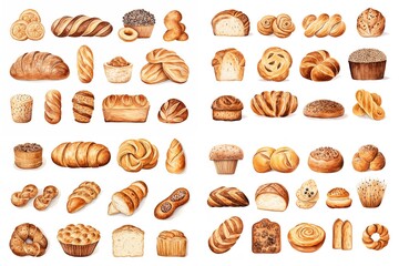 watercolor cartoon illustration collection set, fresh vintage bread look tasty, isolated on white background, idea for sticker and junk journal clipart, Generative A