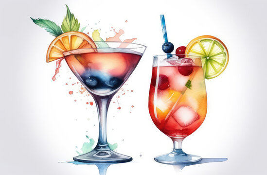 watercolor illustration of summer cocktails. classical alcohol drinks in glasses with fruit slices