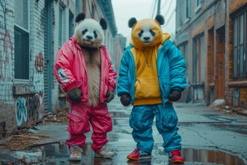 2 pandas rappeur habiller en survêtement trop stylé dans la rue - obrazy, fototapety, plakaty