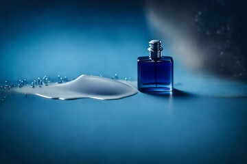 square shaped blue perfume container and liquid flow - obrazy, fototapety, plakaty