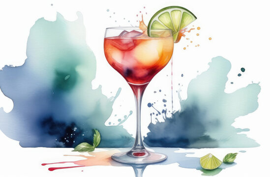 watercolor illustration of refreshing fruit cocktail. alcohol drink in glass with lime slice, ice.