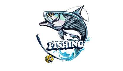 Tarpon fish skeleton. Tarpon fish emblem. Fishing theme illustration. Fish Isolated on white.