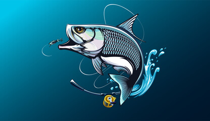 Tarpon fish skeleton. Tarpon fish emblem. Fishing theme illustration. Fish Isolated on white.