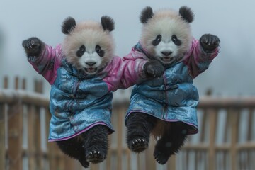 2 pandas habiller en survêtement en train de danser dans la rue - obrazy, fototapety, plakaty