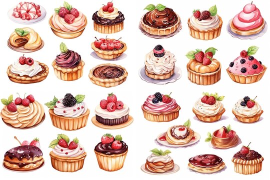  watercolor cartoon illustration collection set, fresh bakery with fruit and cream, isolated on white background, idea for sticker and junk journal clipart, Generative A