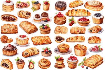  watercolor cartoon illustration collection set, fresh bakery with fruit and cream, isolated on white background, idea for sticker and junk journal clipart, Generative A - obrazy, fototapety, plakaty