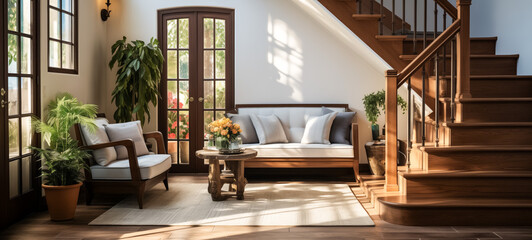 Elegant sunlit living room with wooden staircase and plants