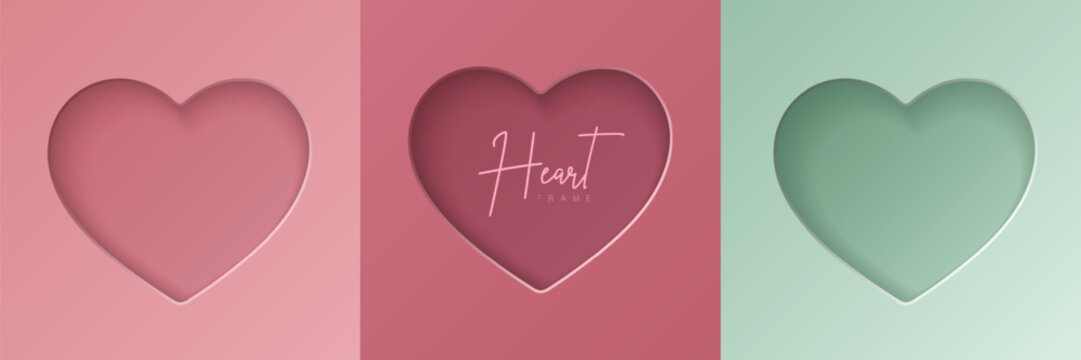 Set of pastel pink and mint green soft 3D heart shape frame design. Collection of geometric backdrop for cosmetic product display,  valentine day festival design,  presentation, banner, cover and web.