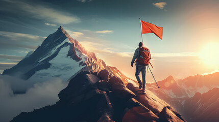Hiker man heading to mountain top where there is a flag on top - obrazy, fototapety, plakaty