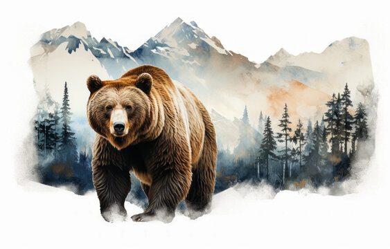 Big brown bear on background of a watercolor painted forest and mountains