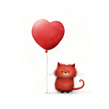  on a white background, a cute kitten with a heart-shaped balloon, painted with watercolor paints, a conceptual illustration for postcards, invitations, prints. Drawing for textiles