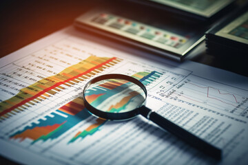 Magnifying glass on charts graphs paper. Financial development, banking account, statistics and stock exchange trading.
