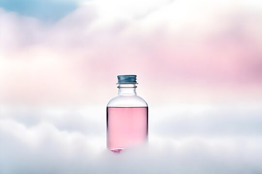 bottle of  pink beverage on cloudy background 