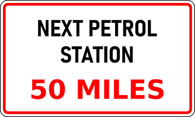 Vector graphic of road sign showing the next internal combustion (ice) fuel station is 50 miles away. Useful for journey planning