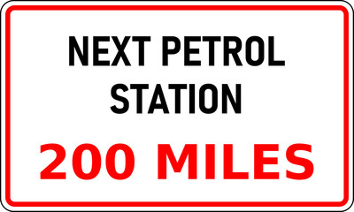 Vector graphic of road sign showing the next internal combustion (ice) fuel station is 200 miles away. Useful for journey planning