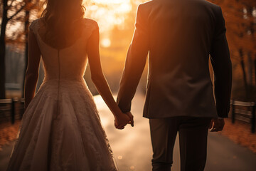 Back view of married couple holding hands and walking in the park at sunset.