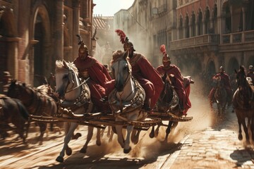 Ancient chariot racing through historic city streets in a grand procession, capturing the thrill of a bygone era's vibrant city life.