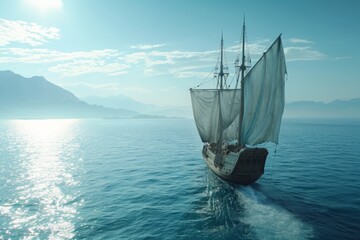 Ancient Greek galleon gliding across the open sea with skilled sailors, an impressive sight as an ancient Greek galleon glides across the open sea, manned by skilled sailors. - obrazy, fototapety, plakaty