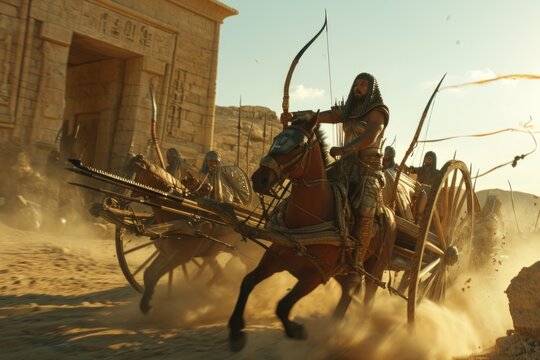 Ancient Egyptian war chariot, with skilled archers ready for battle, a glimpse into ancient Egyptian warfare with a war chariot equipped with skilled archers prepared for battle.