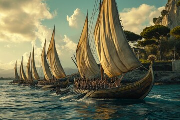 Greek trireme sailing on the ancient Mediterranean, manned by skilled rowers, a majestic Greek trireme sailing with skilled rowers on the ancient Mediterranean waters. - obrazy, fototapety, plakaty