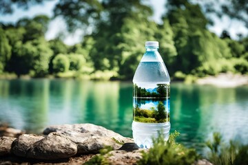bottle of mineral water , natural fresh water bottle 
 on a lake background ,branding and advertising