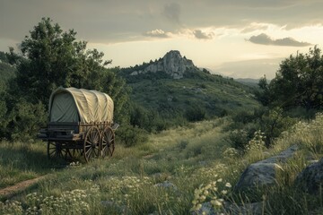 Horse-drawn covered wagon traversing an ancient pioneer trail with determined settlers, a determined group of settlers traversing an ancient pioneer trail in a horse-drawn covered wagon. - obrazy, fototapety, plakaty