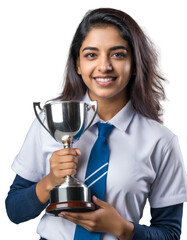 Young Indian Female Student in School Uniform Holding a Winner’s Trophy Against White Background.