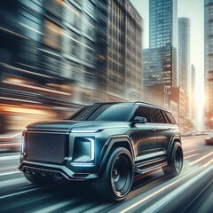 Naklejka premium SUV type car miving along street. AI generated illustration