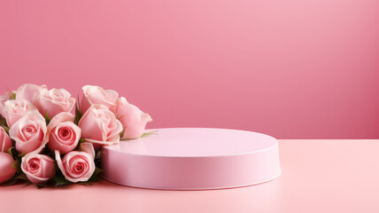 Blank podium with pink roses on pink background. Showcase for product, perfume, jewelry and cosmetic presentation