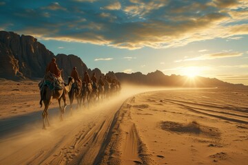Fototapeta na wymiar Majestic camel caravan crossing ancient desert landscapes on a historical trade route, a majestic sight as a caravan of camels crosses ancient desert landscapes along a historical trade route.