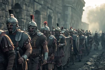 Foto op Plexiglas Roman legion marching with heavy packs through ancient conquered territories, a powerful image as a Roman legion marches with heavy packs through ancient territories they have conquered. © Robert Anto