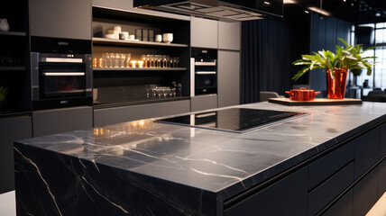Front view of a modern designer kitchen with smooth handleless cabinets with black edges, black glass appliances, a marble island and marble countertops