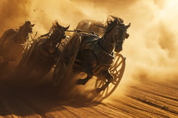 Stone-wheel chariot speeding across dusty desert terrain, drawn by powerful horses, an action-packed scene with a stone-wheel chariot racing across a dusty desert, pulled by strong horses.